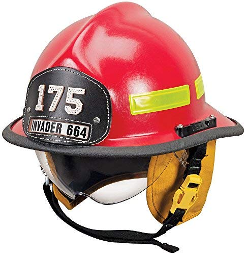 MSA 664DSR Cairns Invader 664 Composite Fire Helmet with Defender, Red, Standard Flannel Liner, Nomex Earlap, Lime/Yellow Reflexite, Bar