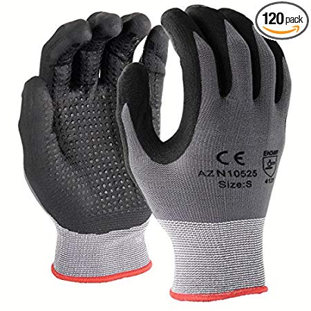 Azusa Safety N10525 15 gauge Premium Nylon Lycra Work Gloves, Black Water Based PU Polyurethane Dip Coating Finish, Textured Grip Dots, Gray/Black, Large (Pack of 120 Pairs)