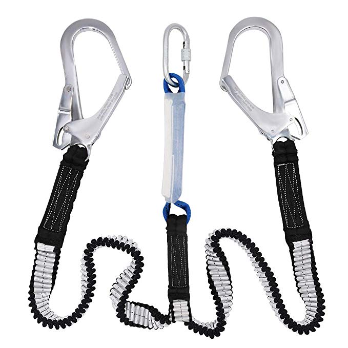 Fall Protection Retractable Safety Harness Lanyard with 2 Rebar Hooks and 1 Steel Snap Hook,Double Leg Shock Absorbing Fall Arrest System for Climbing and Construction