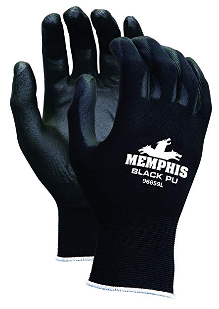 Memphis Glove 9669XS Nylon Knitted Shell Memphis Gloves with Black PU Dipped Palm and Fingers, Black, X-Small, 1-Pair