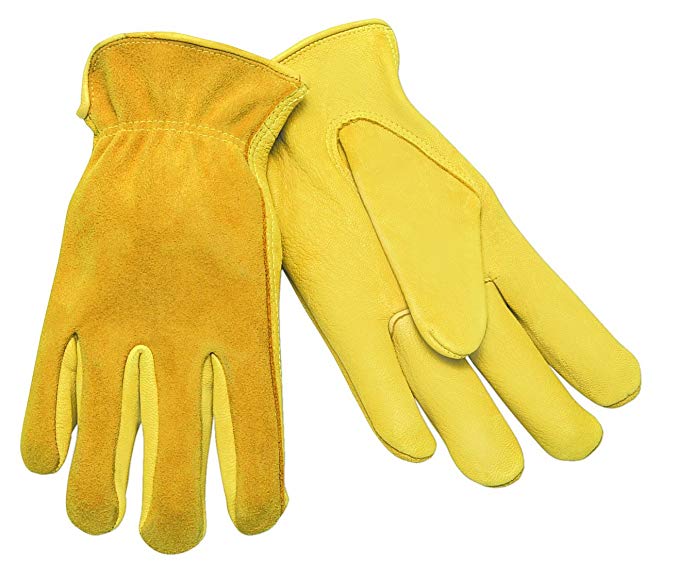 MCR Safety 3505XL Regular Grain Deerskin Leather Palm Self Hemmed Unlined Gloves with Keystone Thumb, Yellow, X-Large, 1-Pair