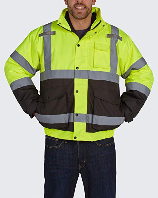 Reflective High Visibility Bomber Jacket: Outdoor Coat with Nylon Shell Teflon Coating & Removable Fleece Liner for Hunting & Construction - 5X Large