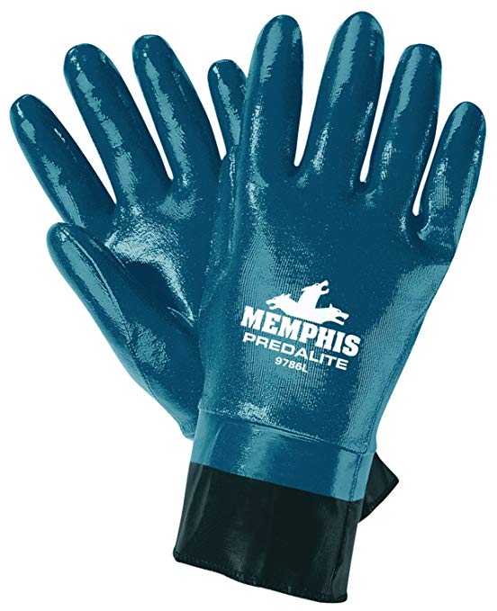 MCR Safety 9786XL Predalite Nitrile Rubber Fully Coated Gloves with PVC Safety Cuffs, Smooth, Blue/White, X-Large, 1-Pair