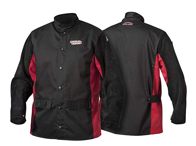 Lincoln Electric Split Leather Sleeved Welding Jacket | Premium Flame Resistant Cotton Body | Black & Red | Medium | K2986-M
