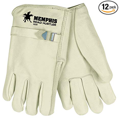 MCR Safety 3220XL Road Hustler Premium Grade Unlined Cow Grain Leather Driver Gloves with Pull Strap, Cream, X-Large, 12 Pack