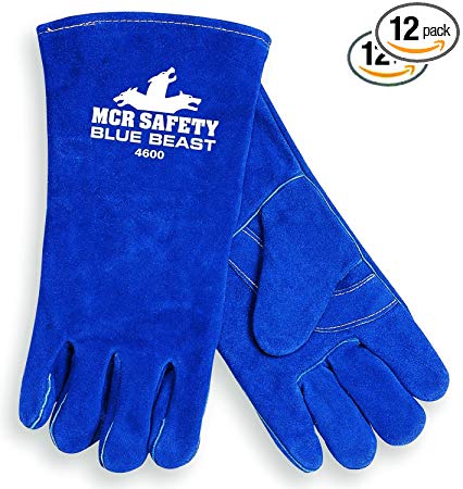 MCR Safety 4600 Blue Beast Split Cow Leather Deluxe Welder Gloves with Reinforced Palm and Wing Thumb, X-Large, Blue, 12-Pack