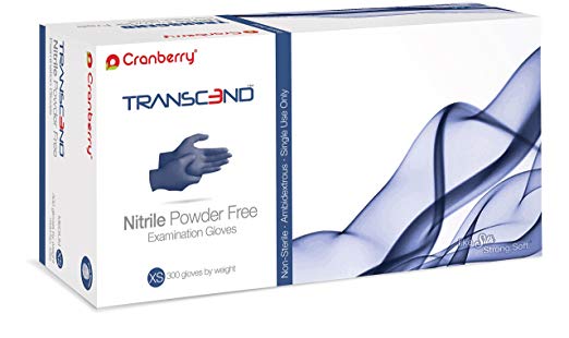 Cranberry USA CR3365 Transcend Nitrile Powder Free Exam Gloves, Beaded-Cuff, Nitrile, 2.5 mil, X-Small, Blue (Pack of 300)