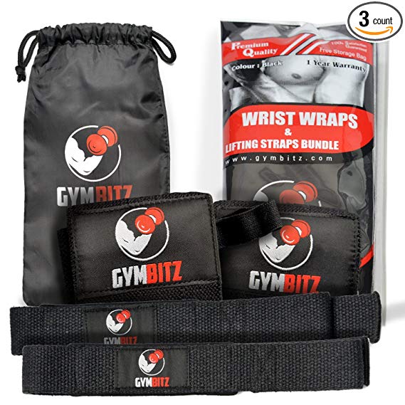 Gym Bitz Wrist Wraps + Lifting Straps Premium Quality Complete Bundle 3 COLOR Choices (Free Storage Bag)