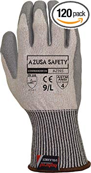 Azusa Safety AZ593 ANSI/ASTM A4 Cut Resistant Commander X4 13 gauge Hybrid Armorgard Volkanix Liner; Polyurethane PU Palm Coated Dipped Safety Glove (Case of 120 Pairs), Small, Grey/Grey