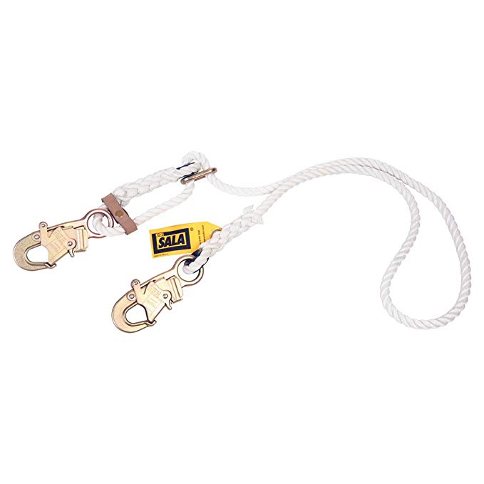 3M DBI-SALA 1232210 Adjustable Rope Positioning Lanyard, 6' Polyester Rope Single-Leg with Snap Hooks At Each End, White