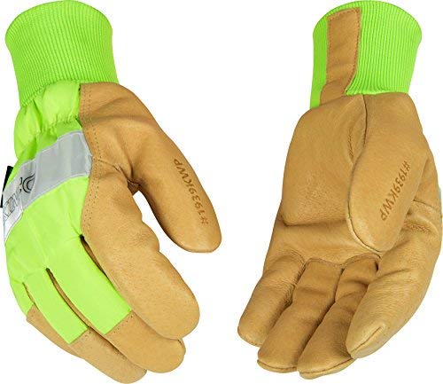 Kinco 1939KWP Heatkeep Lined Grain Pigskin Leather High Visibility Waterproof Glove with Green Back, Knit Wrist, Work, Small, Palomino (Pack of 6 Pairs)