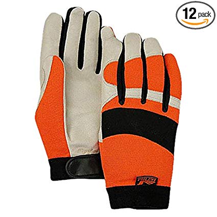 Majestic Glove 2152HV/10 Industrial Glove, Beige Pigskin, Hi-Viz Knit Back, Large, Size 10, Orange/Tan (Pack of 12)