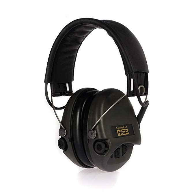 MSA Sordin Supreme Pro X - Standard Edition - Electronic Earmuff with black leatherband, green cups and foam seals fitted