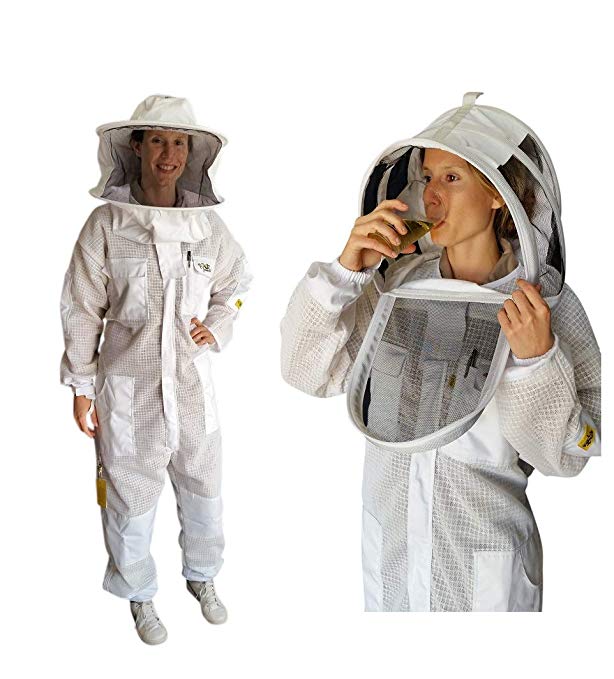OZ ARMOUR BEEKEEPING FULL SUIT VENTILATED ULTRA COOL WITH TWO HOODS FENCING & ROUND BRIM HAT WITH COW HIDE GLOVES (Small)