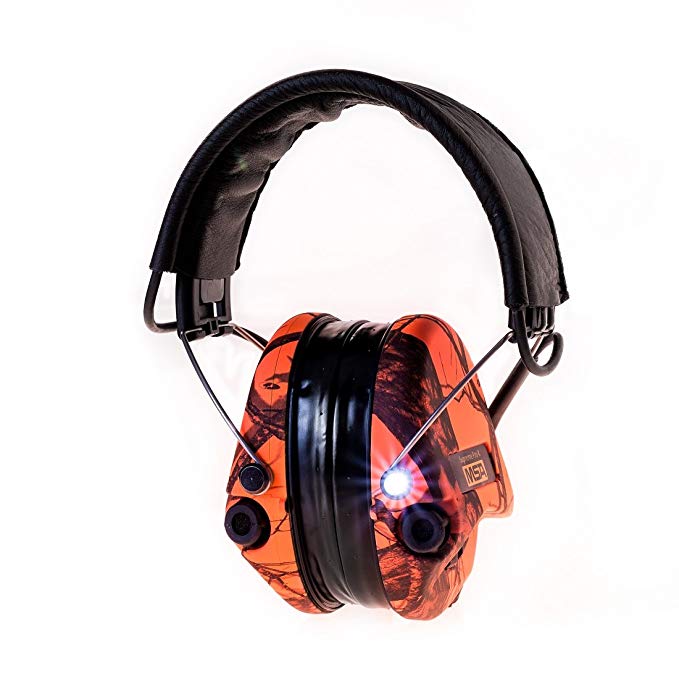 MSA Sordin Supreme Pro X with LED Light - Electronic EarMuff with black leather band and Orange-CamoCups