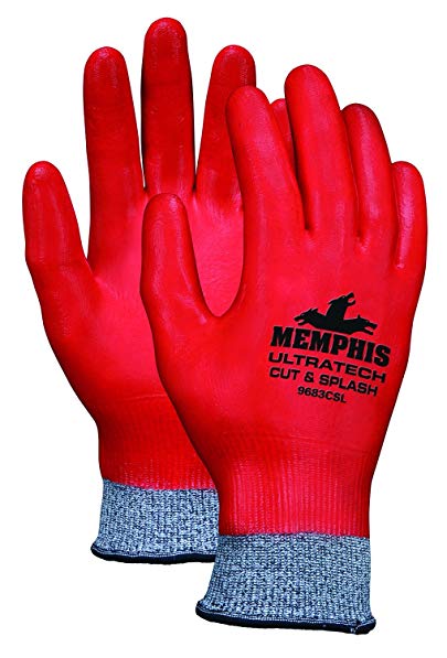 Memphis Glove 9683CSS UltraTech Cut and Splash Synthetic/Fiberglass Shell Gloves with Full Coated Red Nitrile, Red, Small, 1-Pair