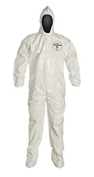 DuPont Tychem 4000 SL122B Chemical Resistant Coverall with Hood and Boots, Disposable, Bound Seams, Elastic Cuff, White, Large (Pack of 12)