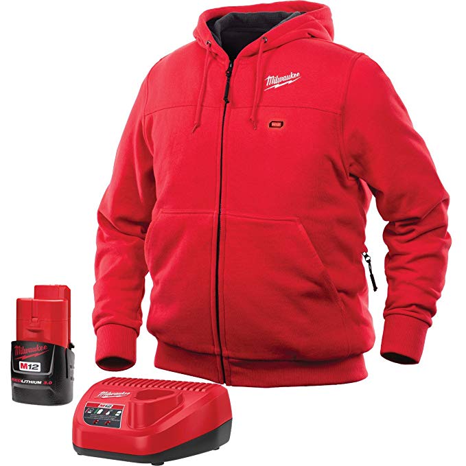 Milwaukee Hoodie M12 12V Lithium-Ion Heated Jacket KIT Front and Back Heat Zones -All Sizes and Colors - Battery and Charger Included - (Large, Red)