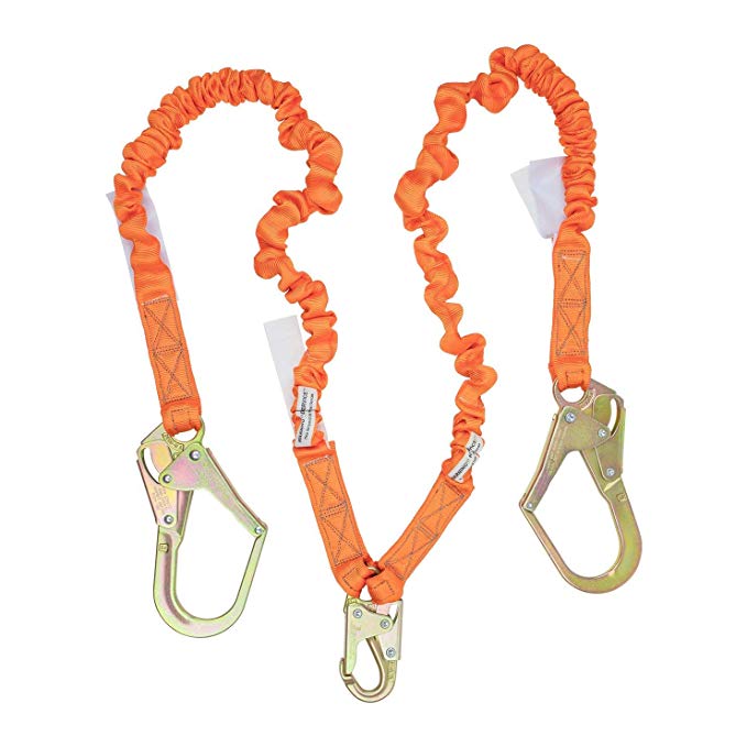 4.5 Foot – 6 Foot Malta Dynamics Fall Protection Double Leg Stretch Internal Shock Absorbing Lanyard With One Steel Snap Hook and Two Rebar Hooks