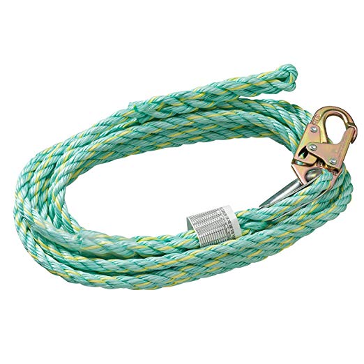 Peakworks Fall Protection V84014025 Vertical Lifeline Rope with Back Splice and Snap Hook , 25 ft. Length, Green
