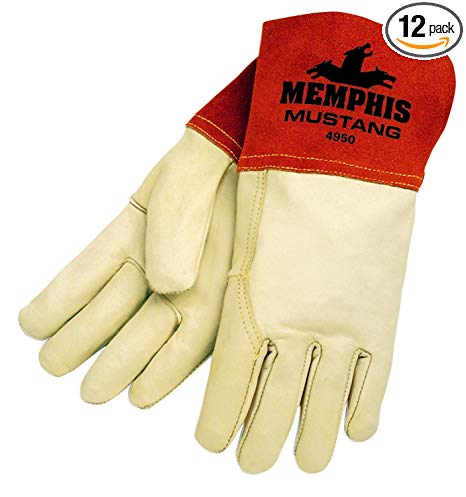 MCR Safety 4950M Mustang Premium Grain Cow MIG/TIG Welder Men's Gloves with Gauntlet Split Leather Cuff, Cream, Medium, (Pack of 12)