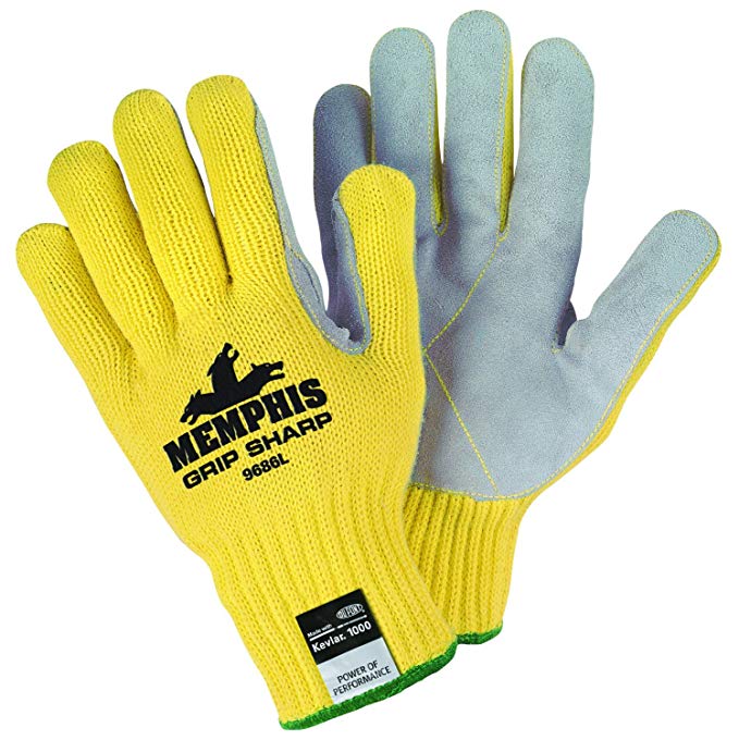 MCR Safety 9686L Grip Sharp Kevlar Shell 7 Gauge Split Leather Palm Gloves with White Hem Cuff, Yellow, Large, 1-Pair