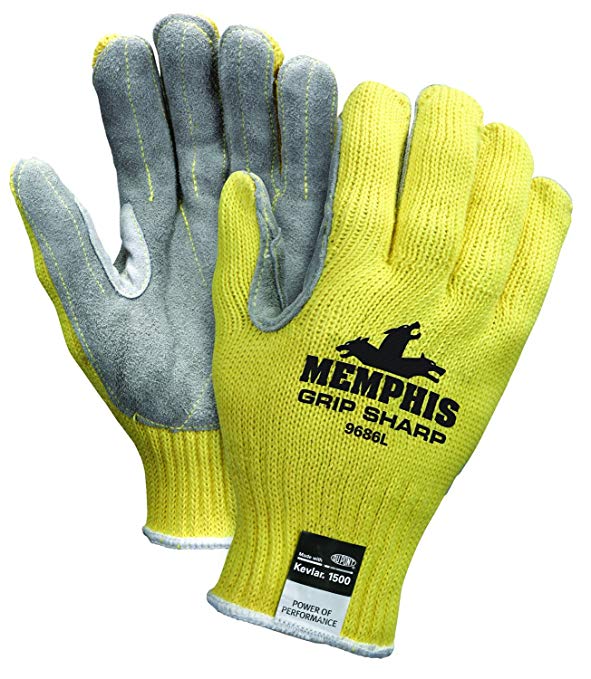 MCR Safety 9686XL Grip Sharp Kevlar Shell 10 Gauge Split Leather Palm Gloves with Green Hem Cuff, Yellow, X-Large, 1-Pair