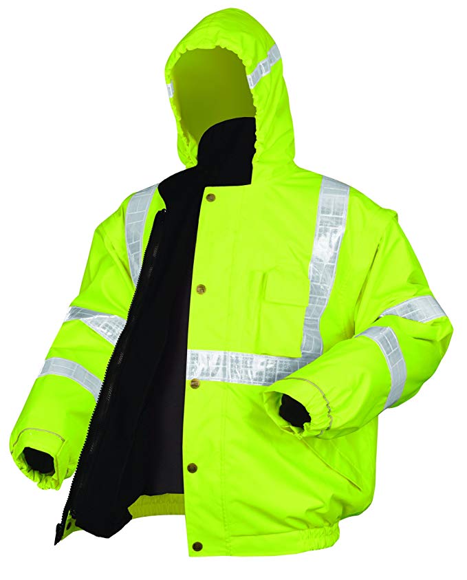 MCR Safety BPCL3LXL Luminator Class 3 Insulated Polyester 4-in-1 Bomber Plus Jacket with Zip-in Fleece Liner and Detach Sleeves, Fluorescent Lime Green, X-Large