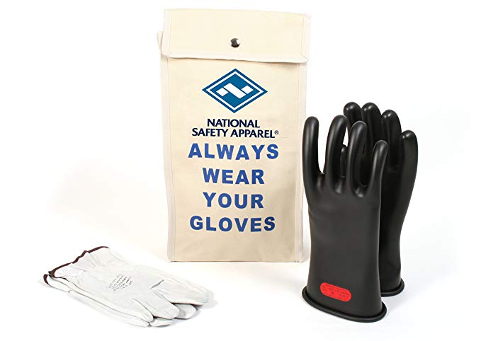 National Safety Apparel Class 2 Black Rubber Voltage Insulating Glove Kit with Leather Protectors, Max. Use Voltage 17,000V AC/ 25,500V DC (KITGC208)